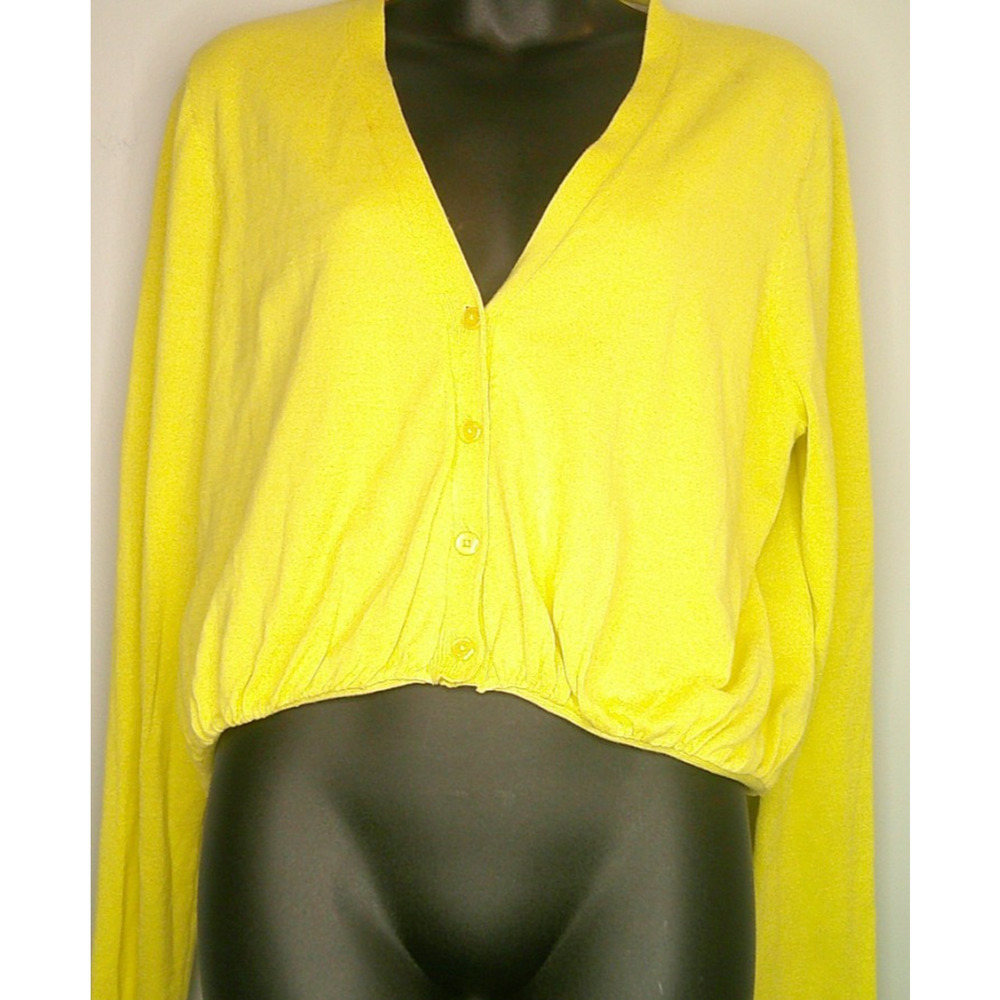 Cabi Yellow Cropped Sweater 3/4 Button V-Neck with Polka Dot Lining Women's L
